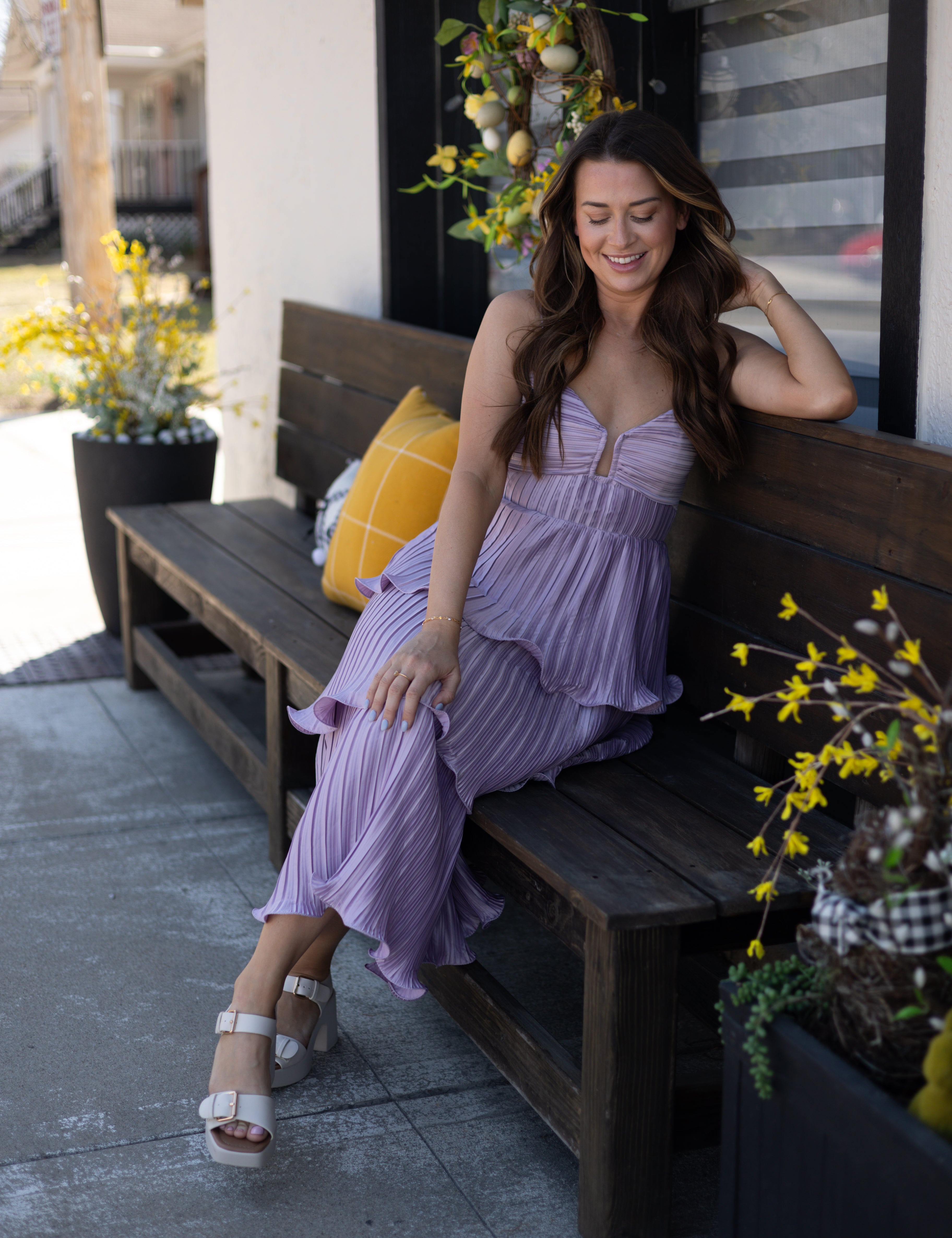 Lavender Pleated Tiered Maxi Dress.