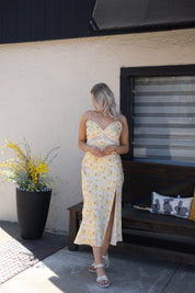 Yellow Floral Lace Trim Maxi Dress with Slit.