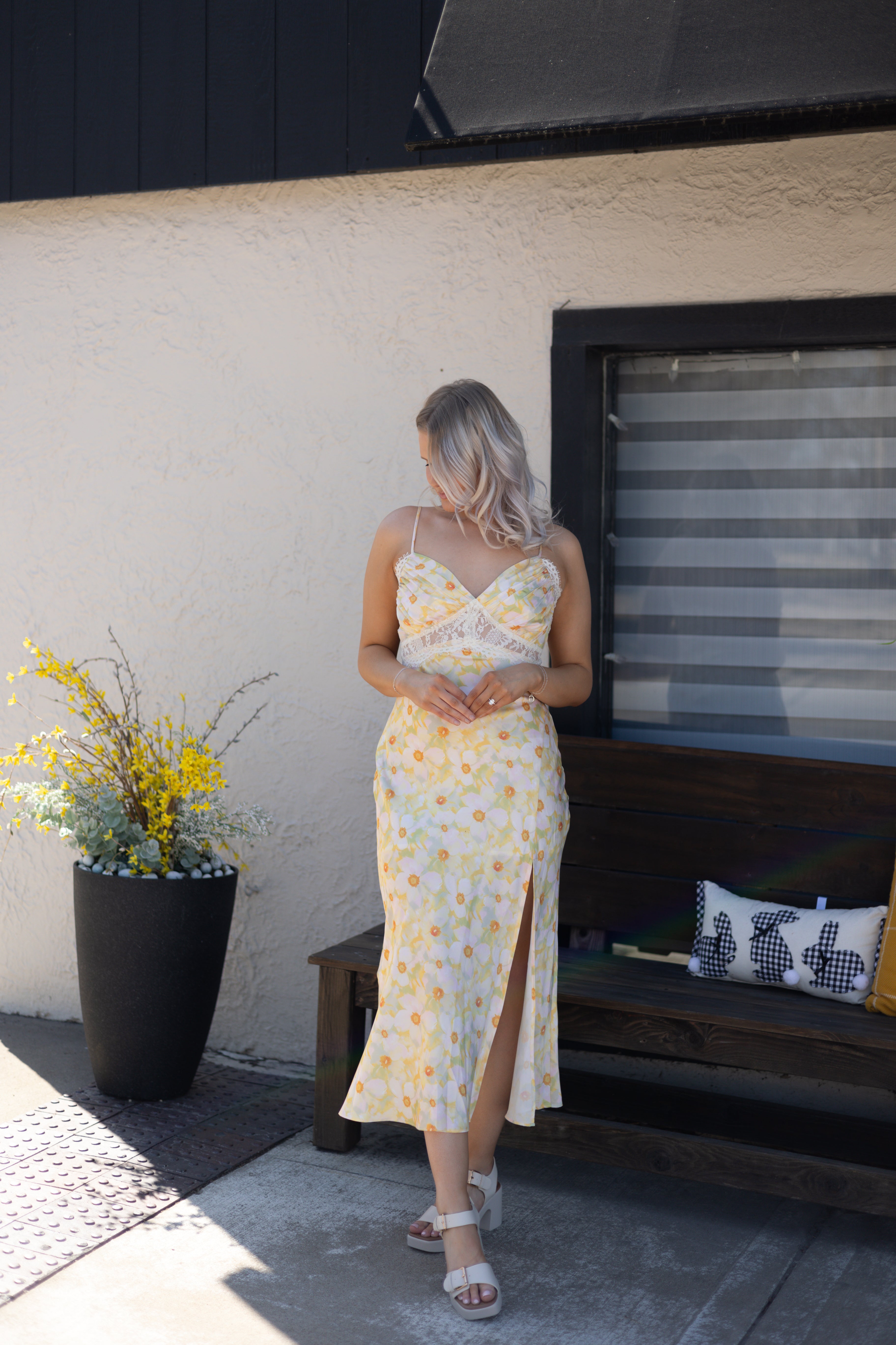Yellow Floral Lace Trim Maxi Dress with Slit.