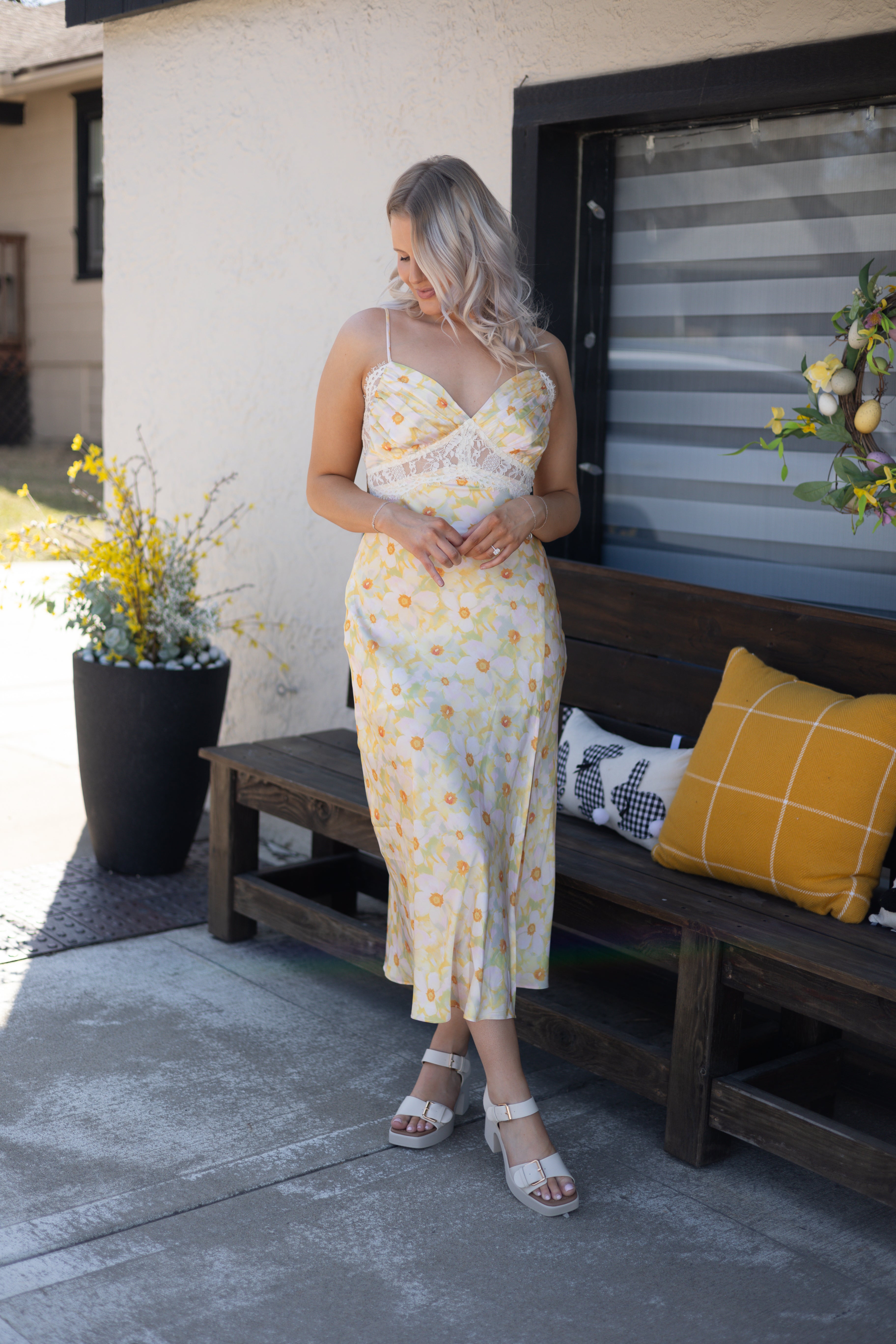 Keely Yellow Floral Lace Trim Maxi Dress.