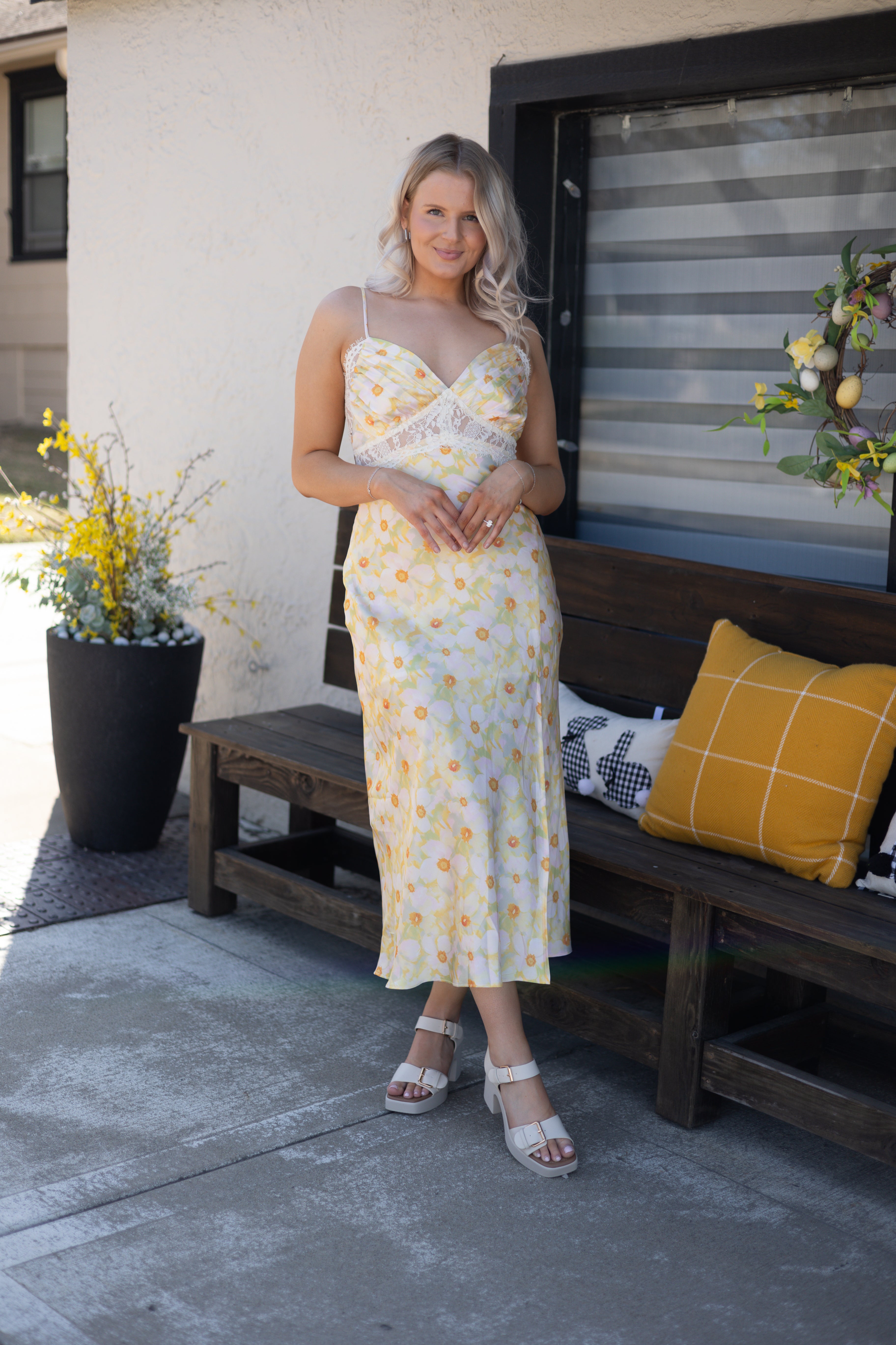 Keely Yellow Floral Lace Trim Maxi Dress.