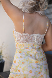 Keely Yellow Floral Lace Trim Maxi Dress back details.