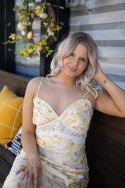 Keely Yellow Floral Lace Trim Maxi Dress.