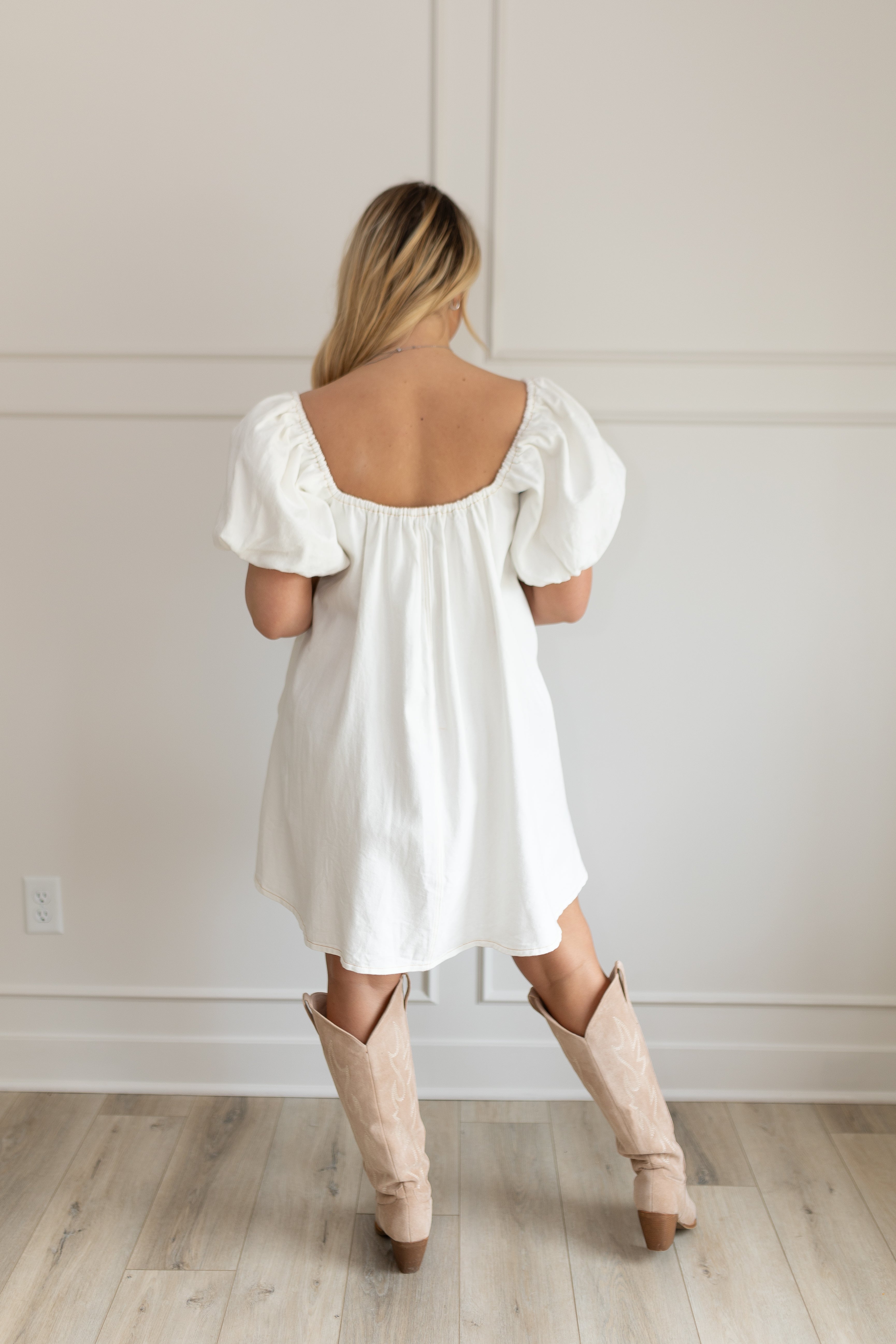 Ardella Puff Sleeve White Denim Mini Dress