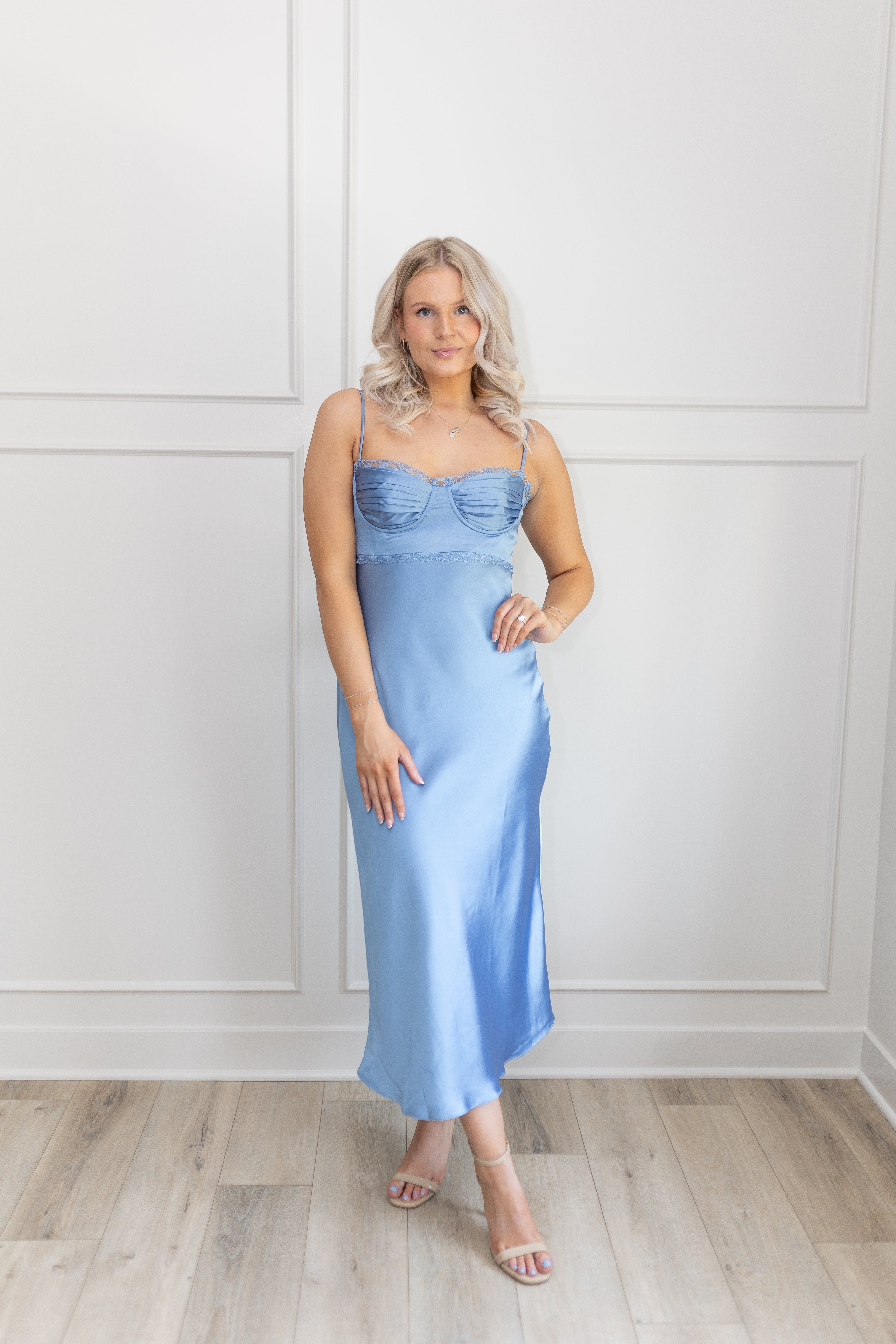 Ella Dusty Blue Satin Midi Dress