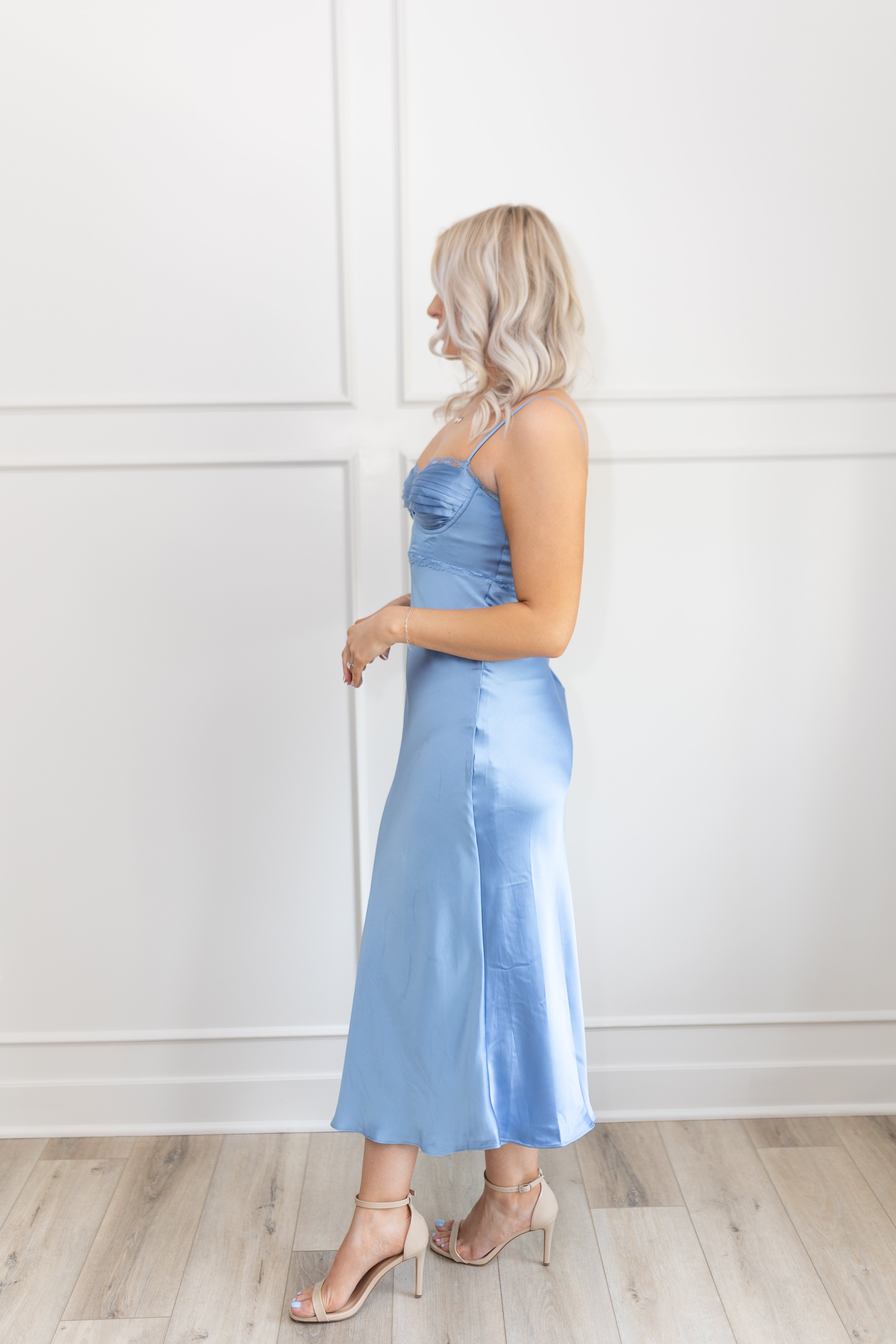 Ella Dusty Blue Satin Midi Dress