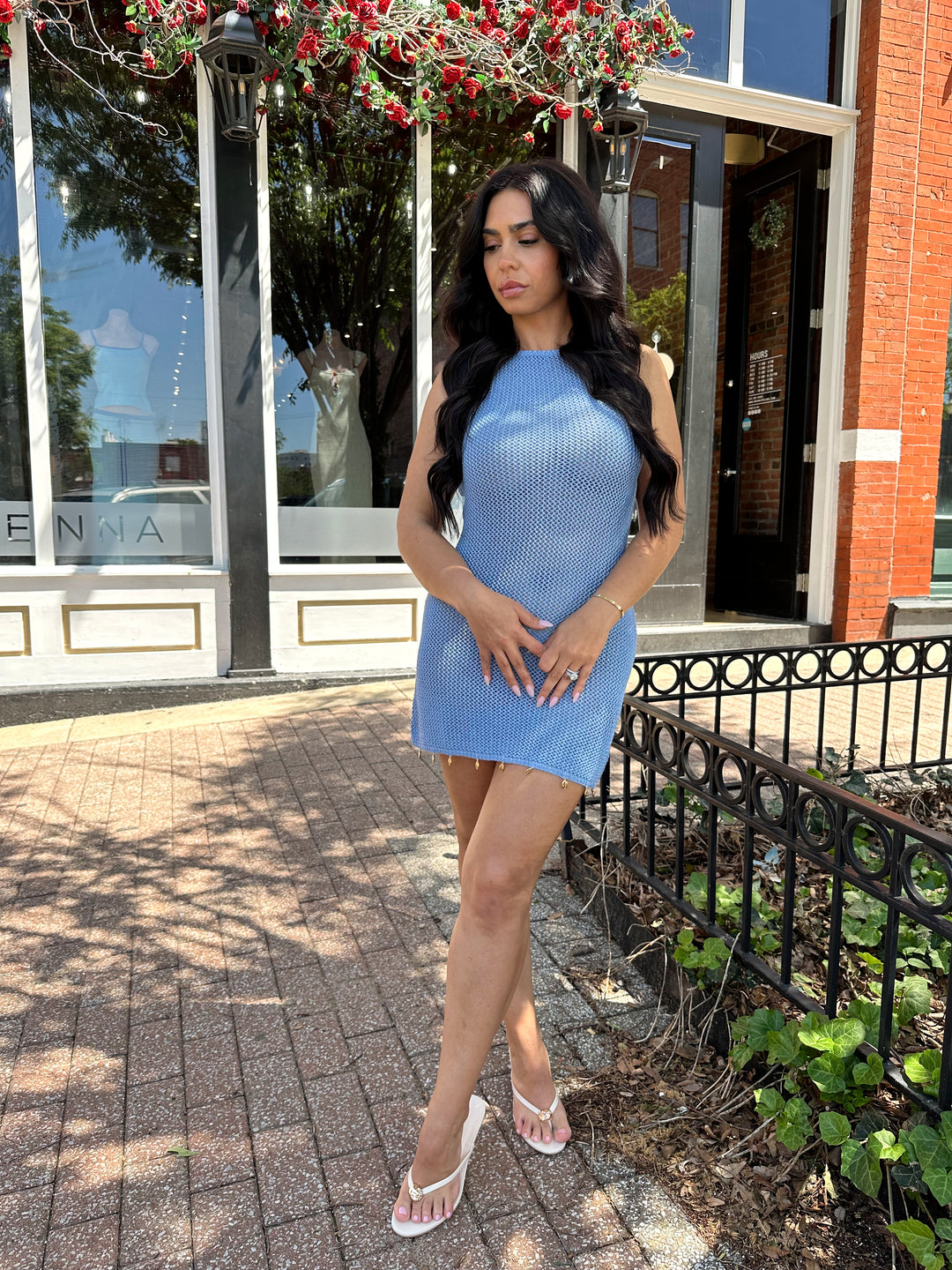 Dusty Blue Knit Mini Dress – Sleeveless Cover Up – Gwenna The Label Dusty Blue Knit Mini Dress – Sleeveless Cover Up – Gwenna The Label