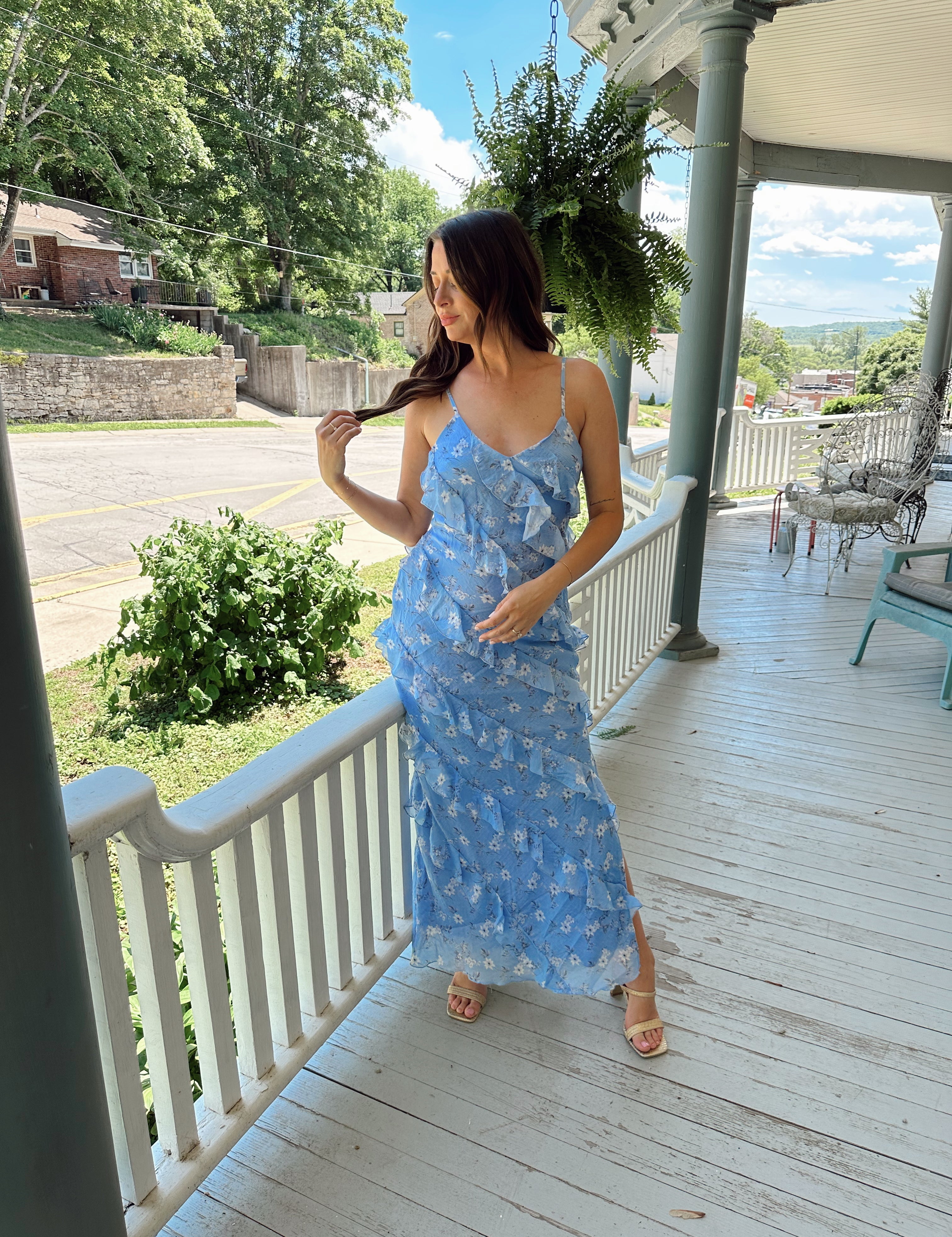 Blue floral ruffle tiered maxi dress with adjustable spaghetti straps