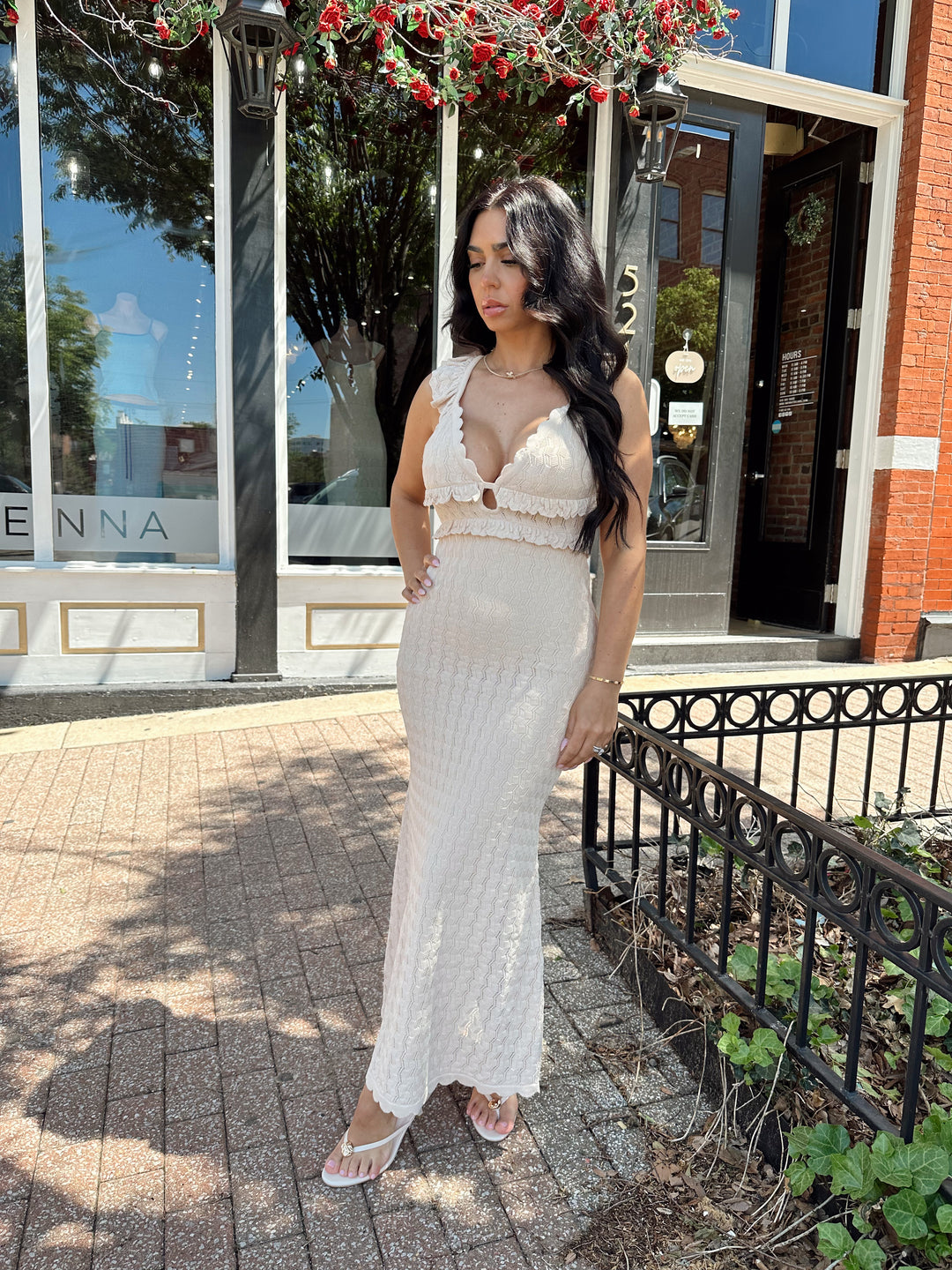 Tan Crochet Midi Dress Cutout Ruffle Detail Gwenna The Label Tan Crochet Midi Dress Cutout Ruffle Detail Gwenna The Label
