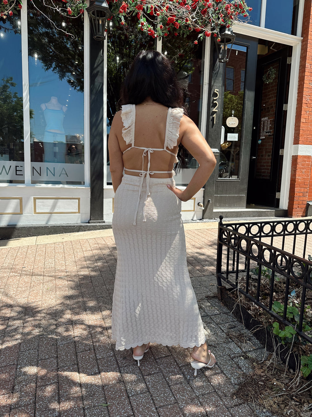 tan crochet dress Tan Crochet Midi Dress – Cutout Ruffle Detail – Gwenna The Label