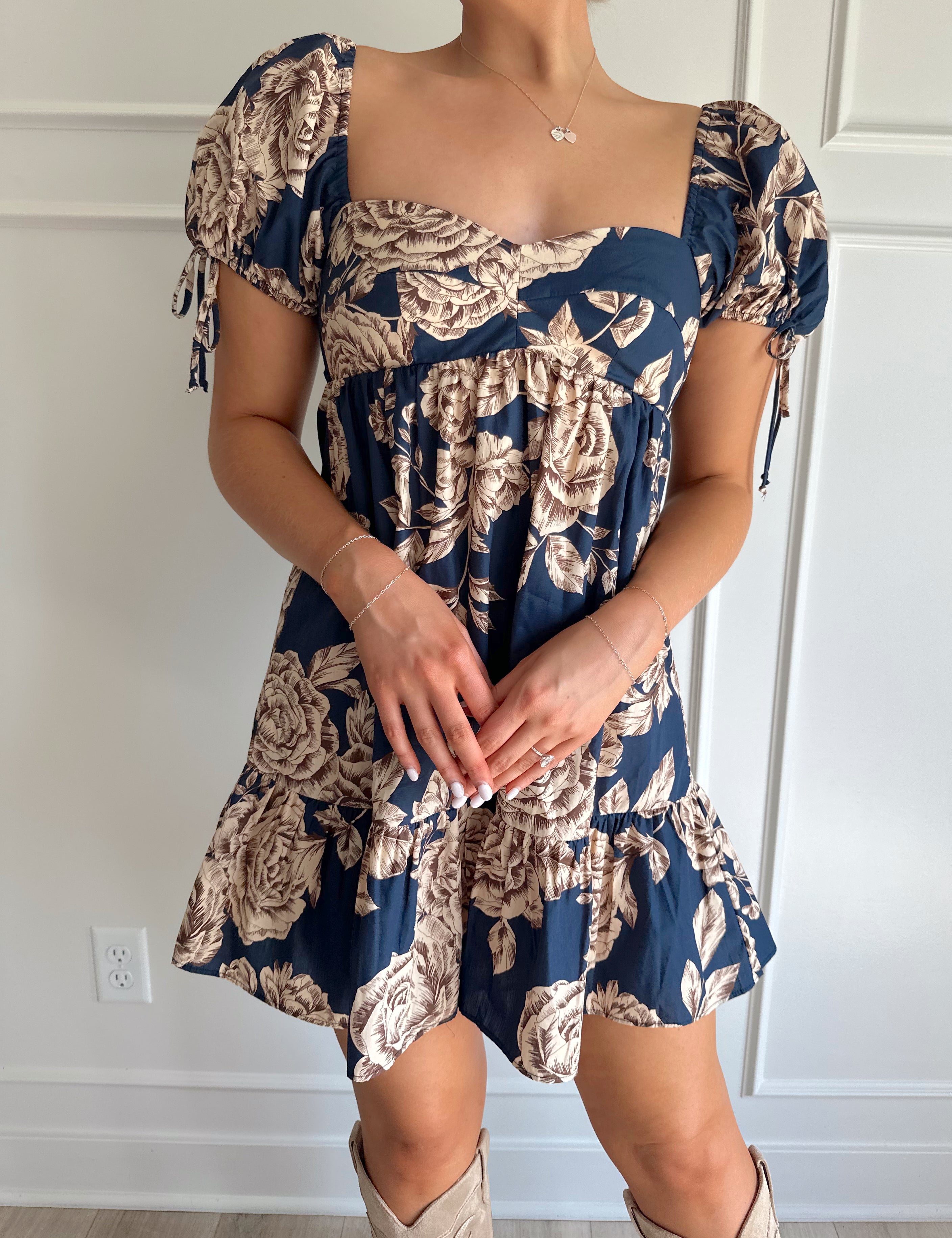 Navy blue floral babydoll mini dress with brown floral pattern.