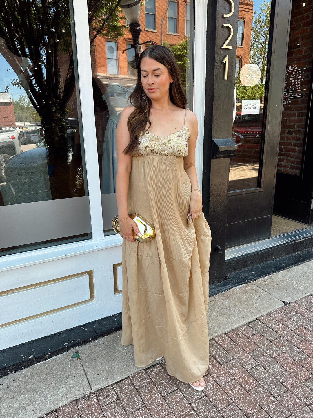 gold sparkly maxi dress Gala Goddess Metallic Sequin in Size Chart Gold Sequin Pleated Maxi Dress
