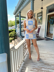 Blue and tan crochet patchwork mini dress. A-line fit. Perfect for summer