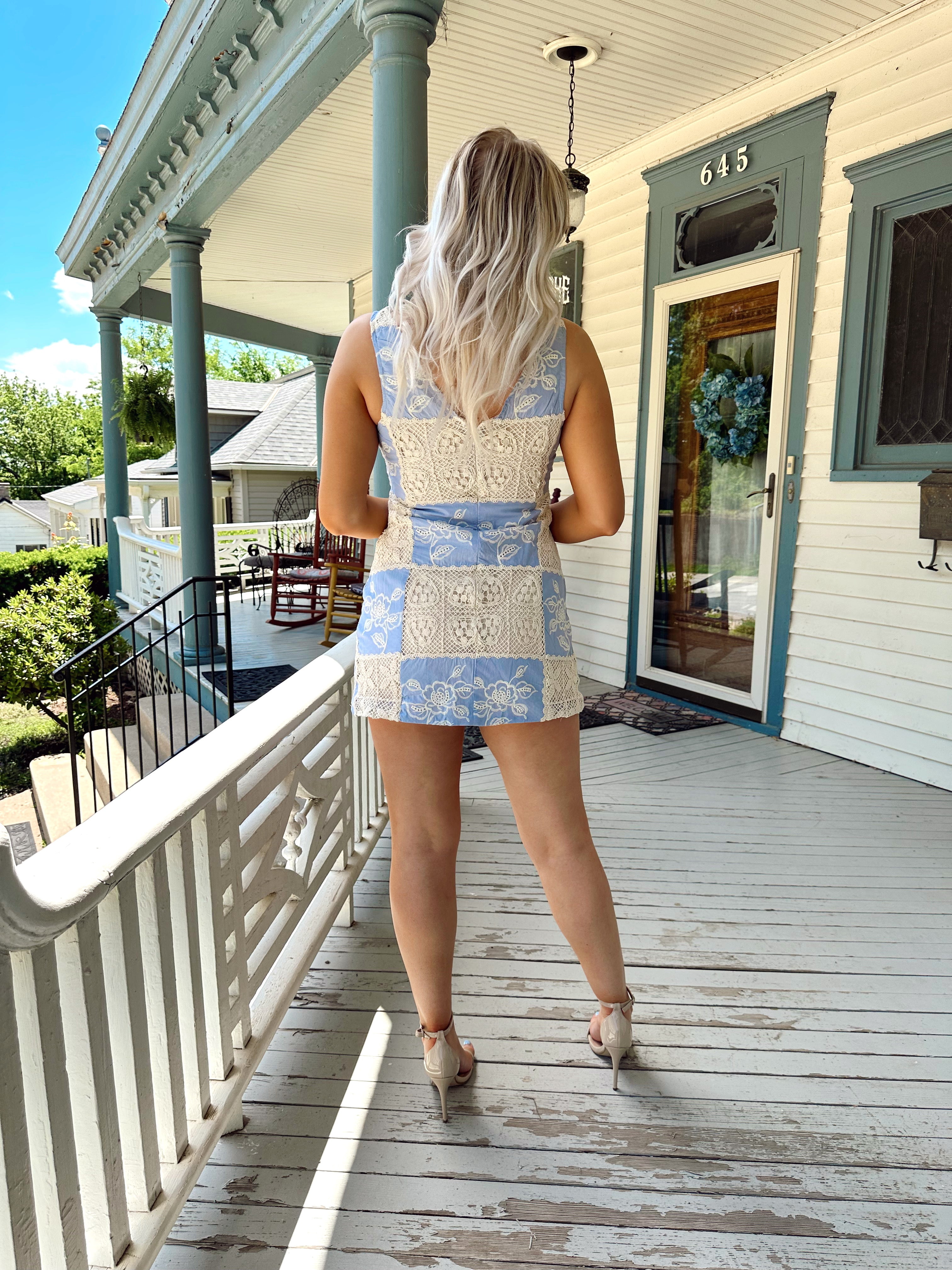 Blue and tan crochet patchwork mini dress. A-line fit. Perfect for summer