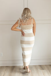 Beige and white striped mini dress with self the straps and slit detail. 