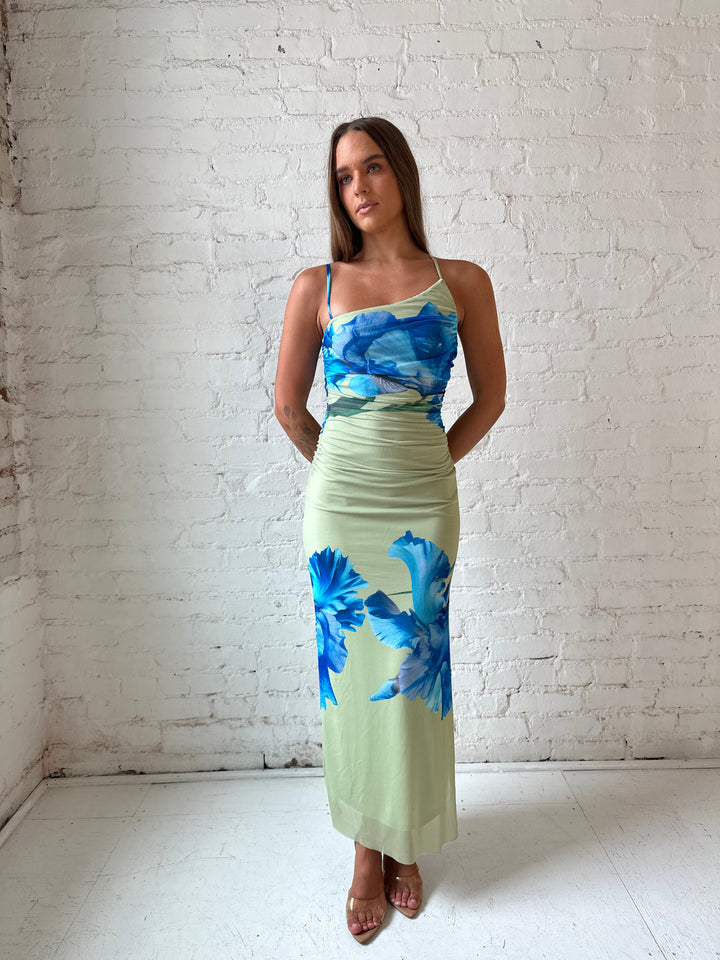 Woman wearing green mesh midi dress with blue floral pattern.
