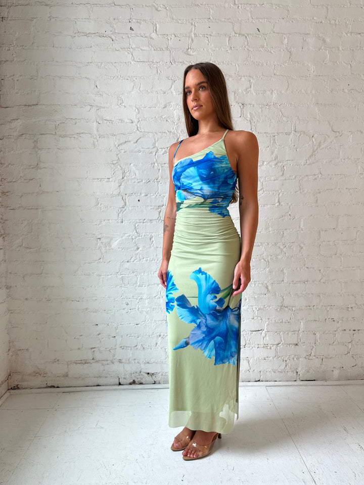 Woman wearing green mesh midi dress with blue floral pattern.