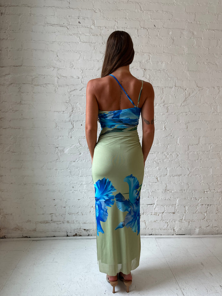 Woman wearing green mesh midi dress with blue floral pattern.