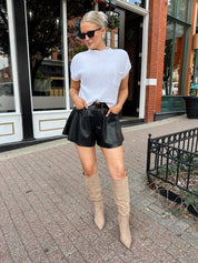 White knit cropped short sleeve sweater with front pocket detail