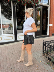 White knit cropped short sleeve sweater with front pocket detail