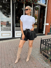 White knit cropped short sleeve sweater with front pocket detail