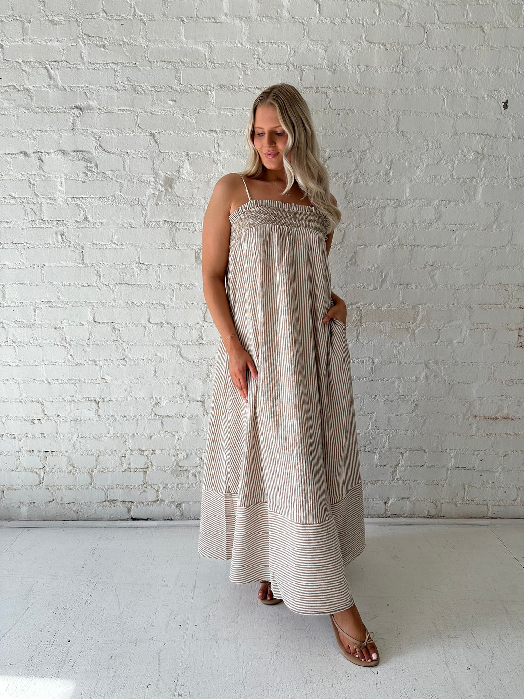 Halston Brown Stripe Smocked Tunic Maxi Dress – Gwenna The Label
