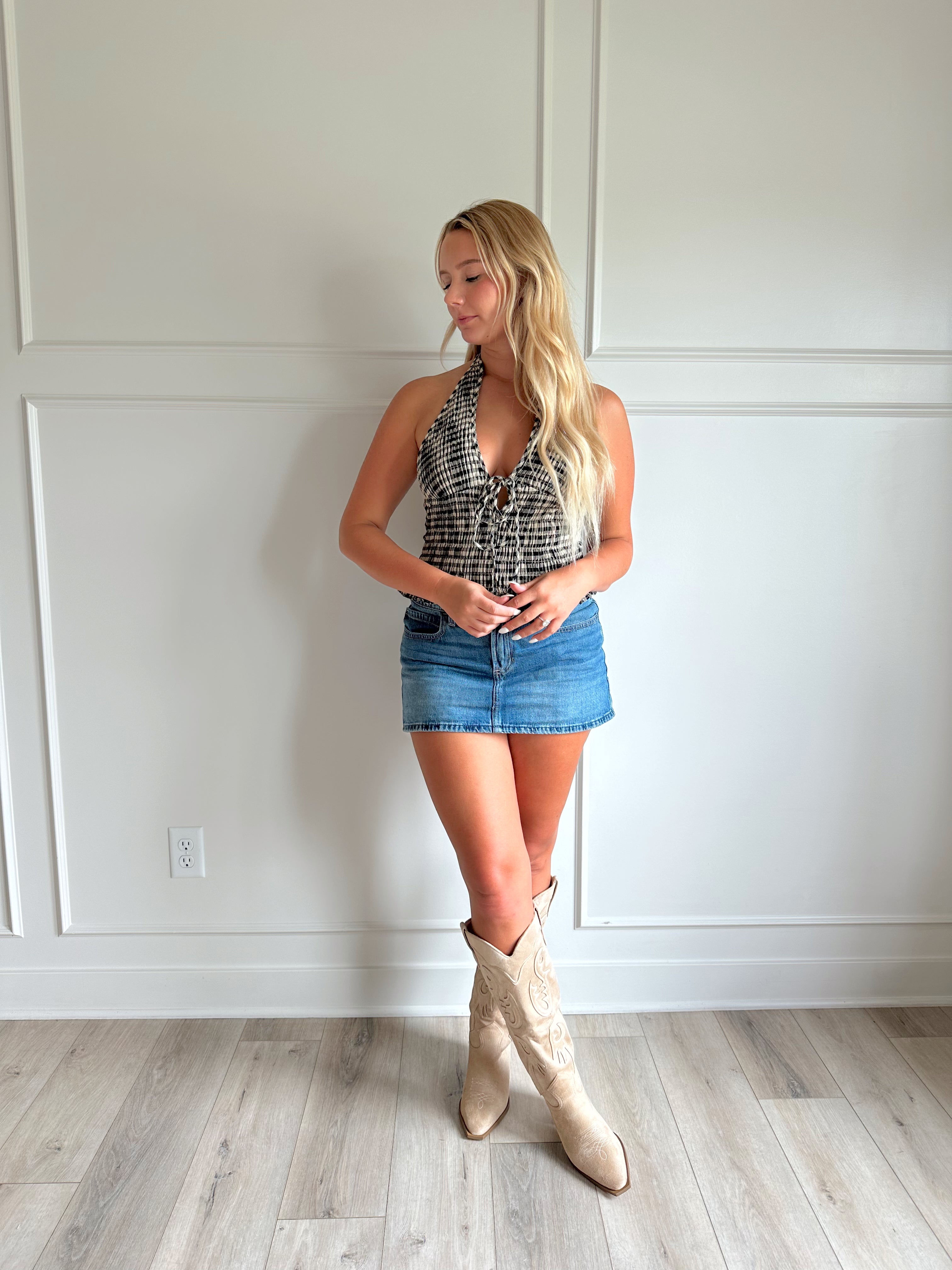 Black and ivory gingham smocked top with halter neck tie