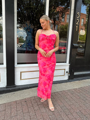 Hot pink floral mesh maxi dress with criss-cross back.