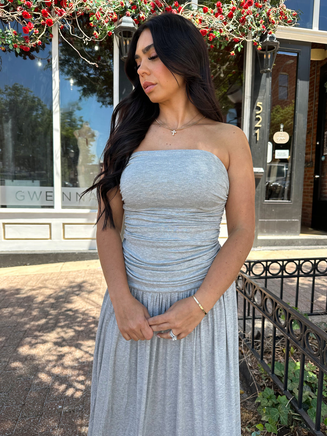 Heather Grey Strapless Ruched Maxi Dress Heather Grey Strapless Ruched Maxi Dress