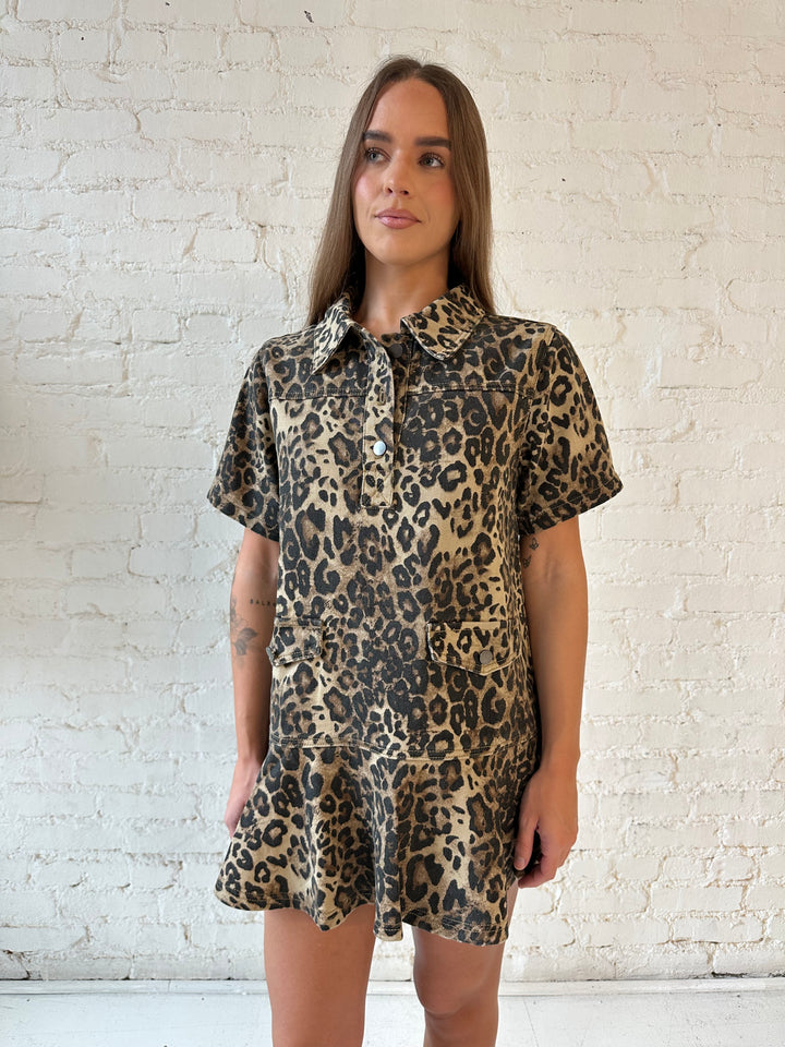 Woman wearing leopard print denim shift  short sleeve mini dress with collar button detail. 