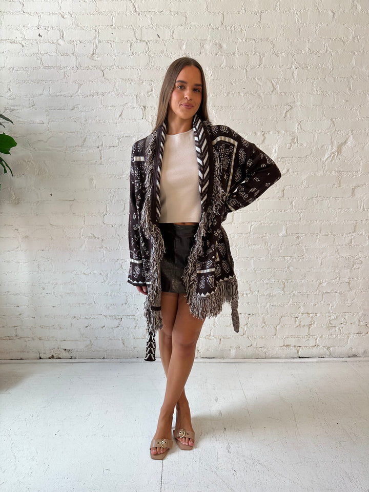 Adeline Bandana Print Cardigan - Brown
