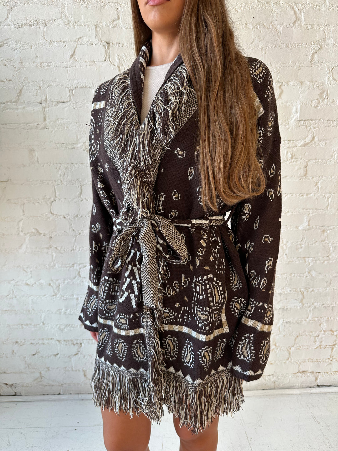 Adeline Bandana Print Cardigan - Brown