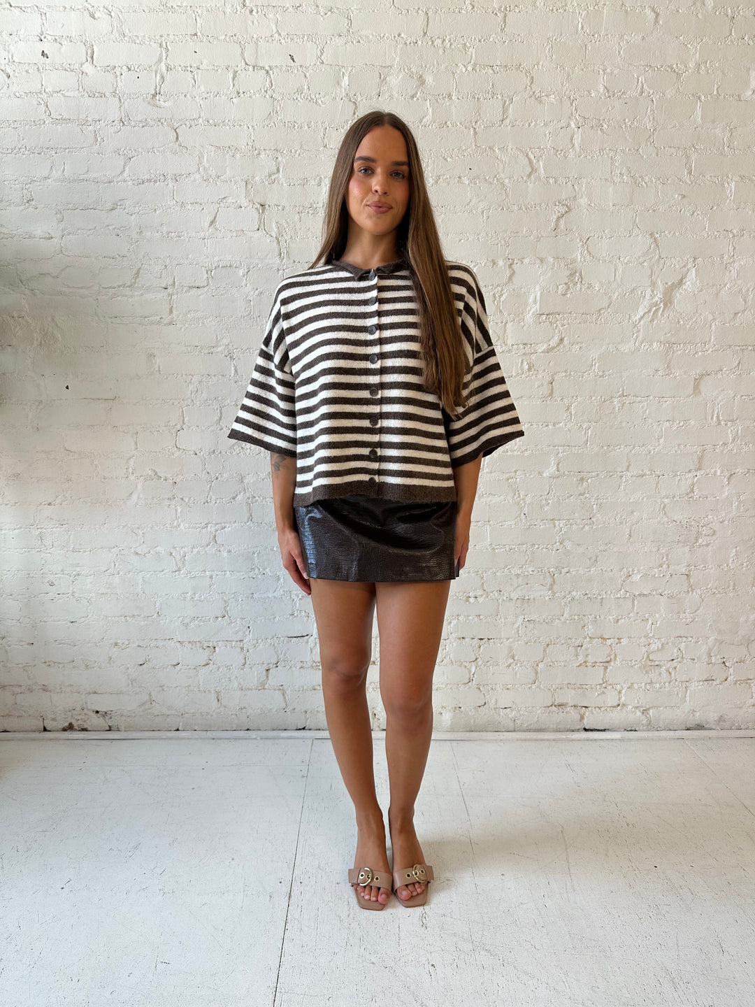 Amie Brown Striped Short Sleeve Cardigan