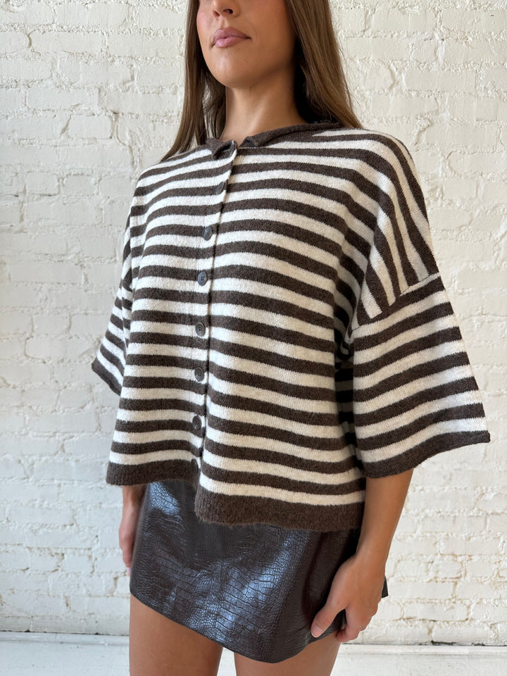 Amie Brown Striped Short Sleeve Cardigan