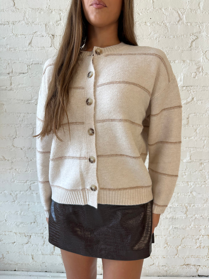 Phedra Oatmeal Striped Button Down Cardigan
