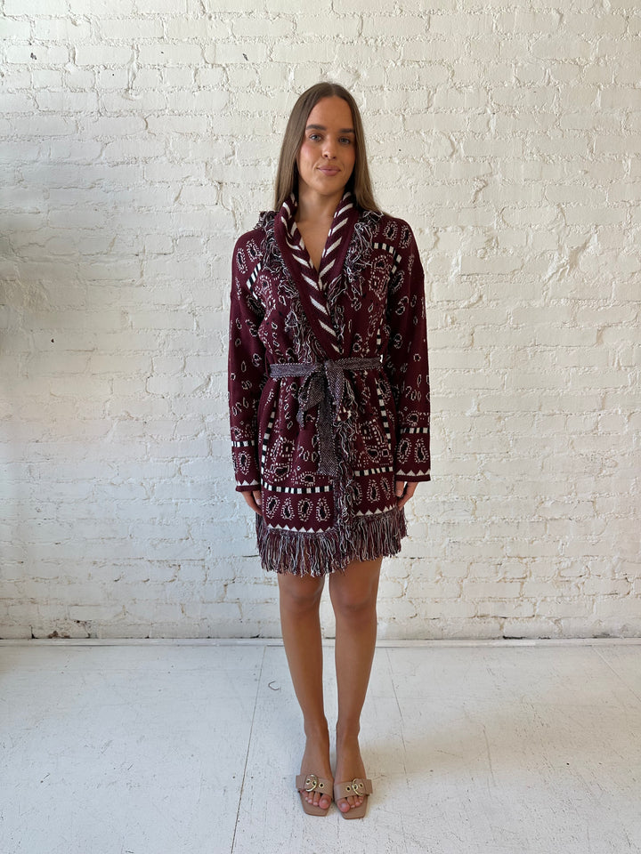 Adeline Bandana Print Cardigan- Burgundy