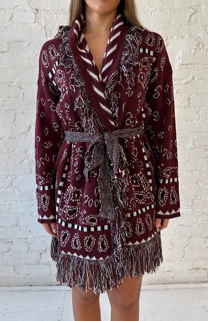 Adeline Bandana Print Cardigan- Burgundy