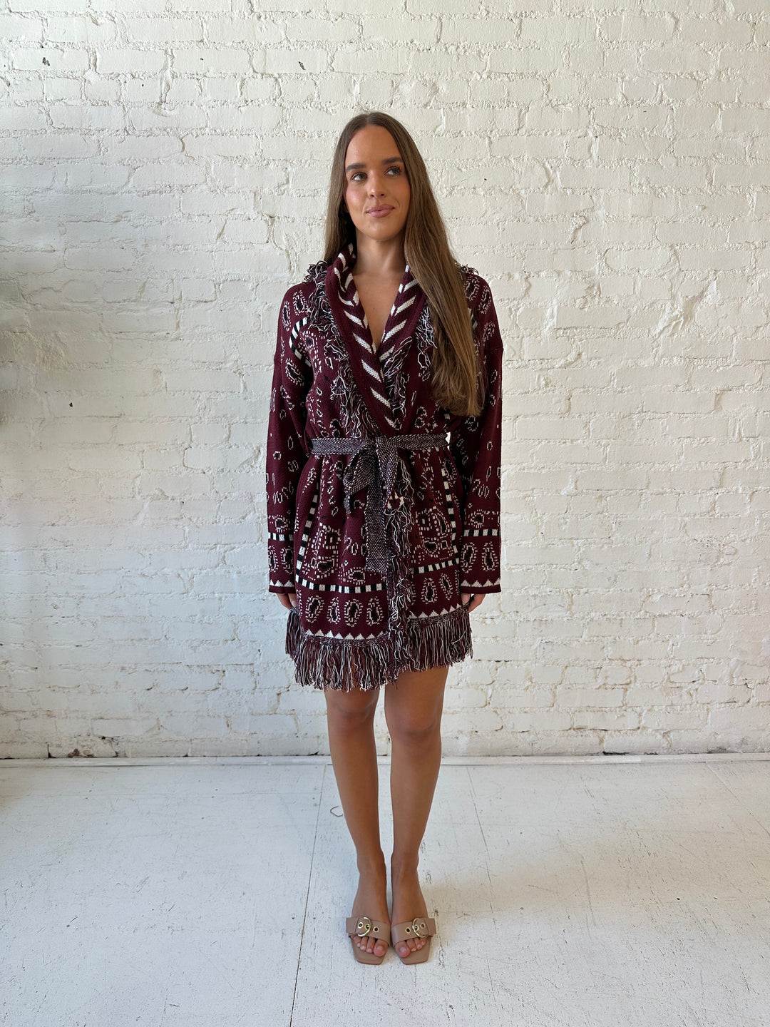 Adeline Bandana Print Cardigan- Burgundy