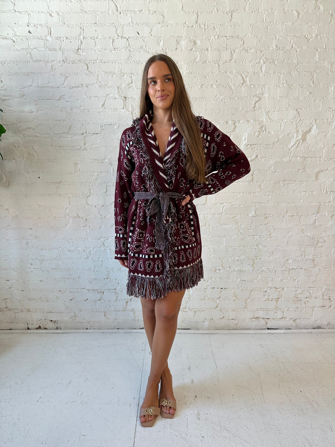 Adeline Bandana Print Cardigan- Burgundy