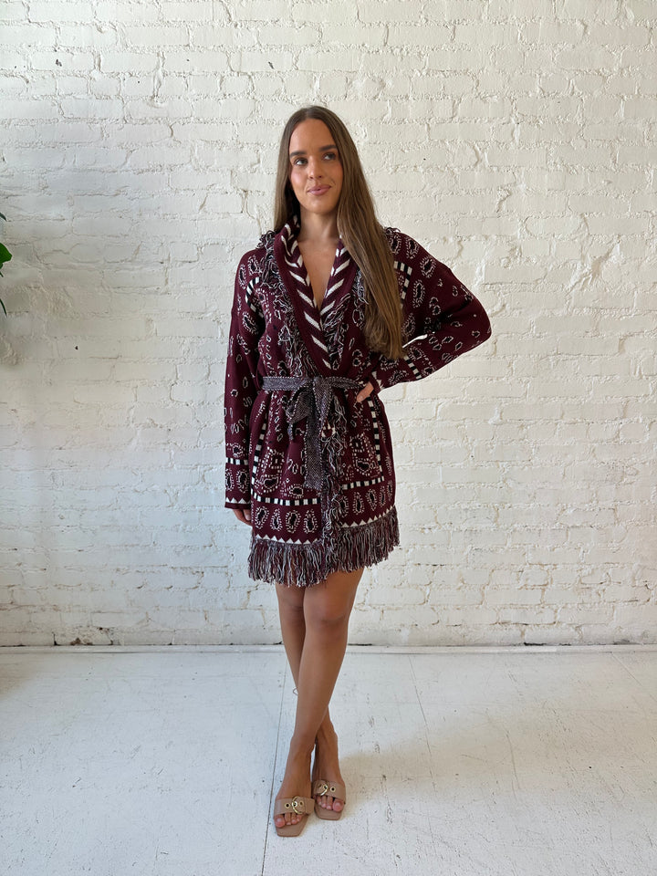 Adeline Bandana Print Cardigan- Burgundy