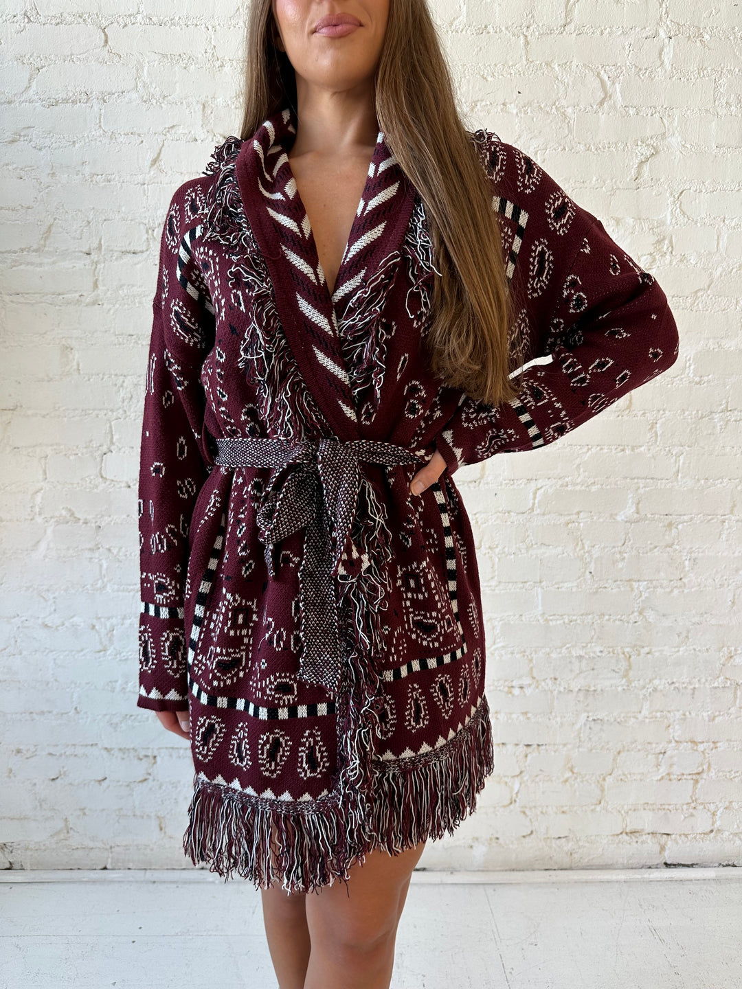 Adeline Bandana Print Cardigan- Burgundy