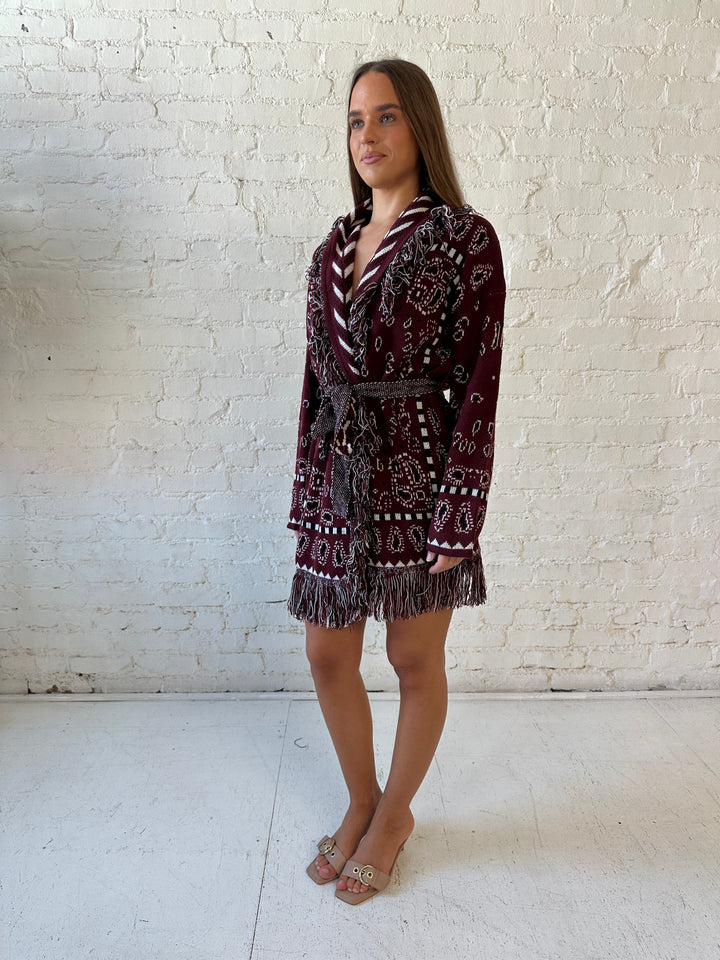 Adeline Bandana Print Cardigan- Burgundy