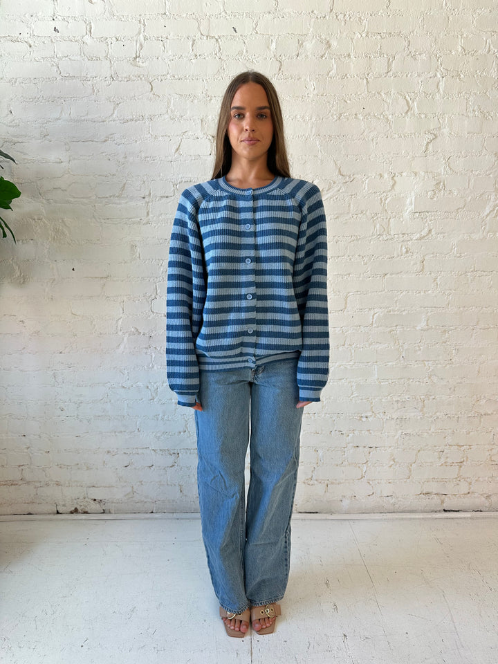 Ivey Blue Striped Button Down Cardigan
