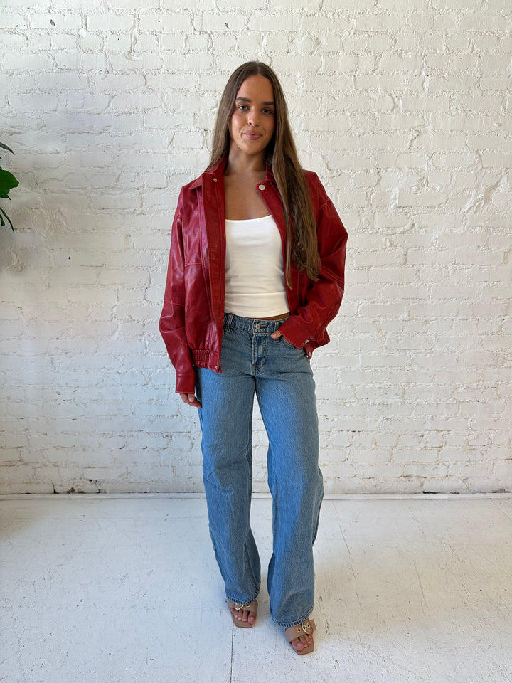 Britt Red Leather Bomber Jacket
