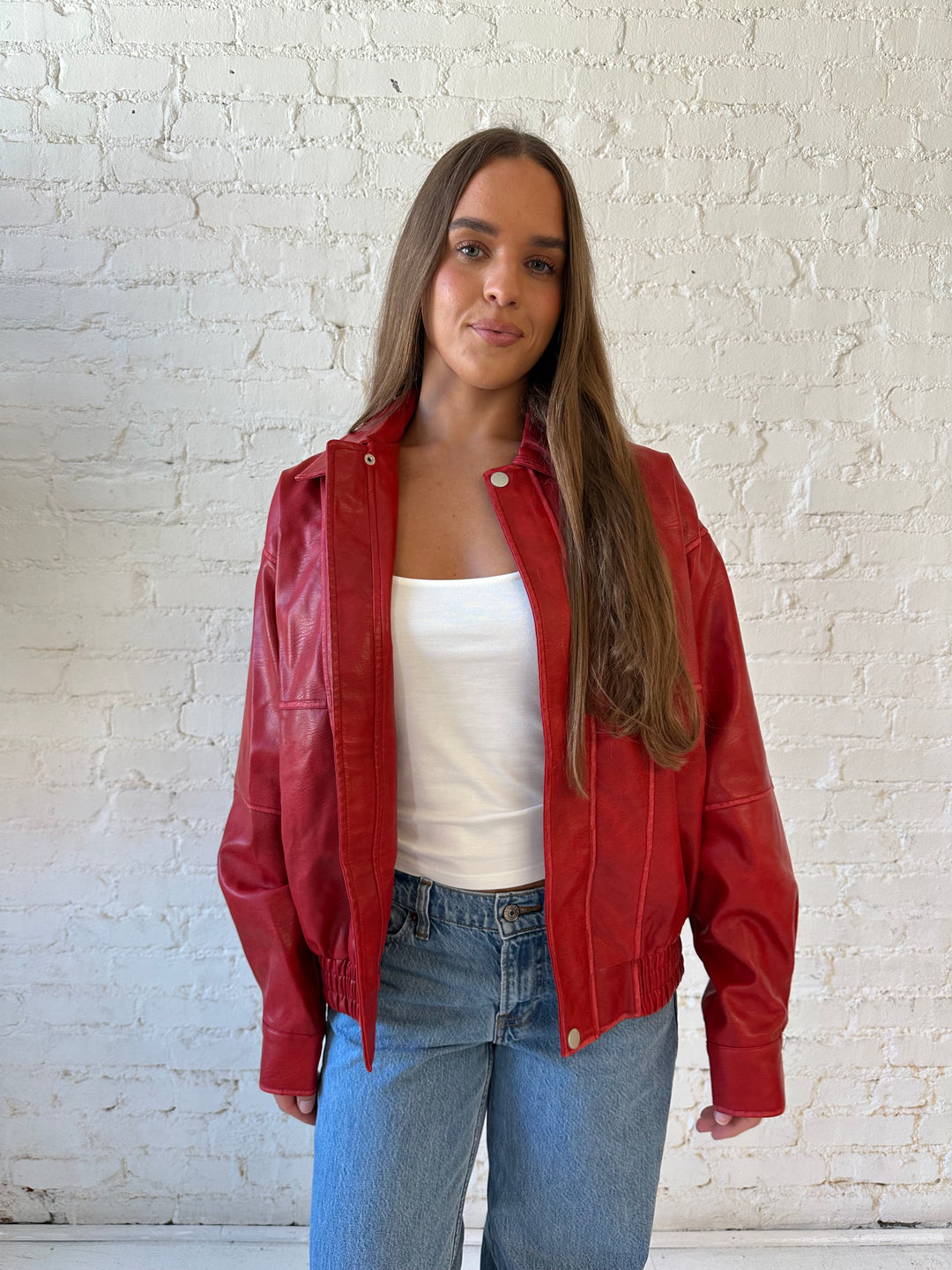 Britt Red Leather Bomber Jacket
