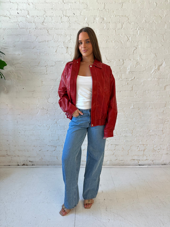 Britt Red Leather Bomber Jacket