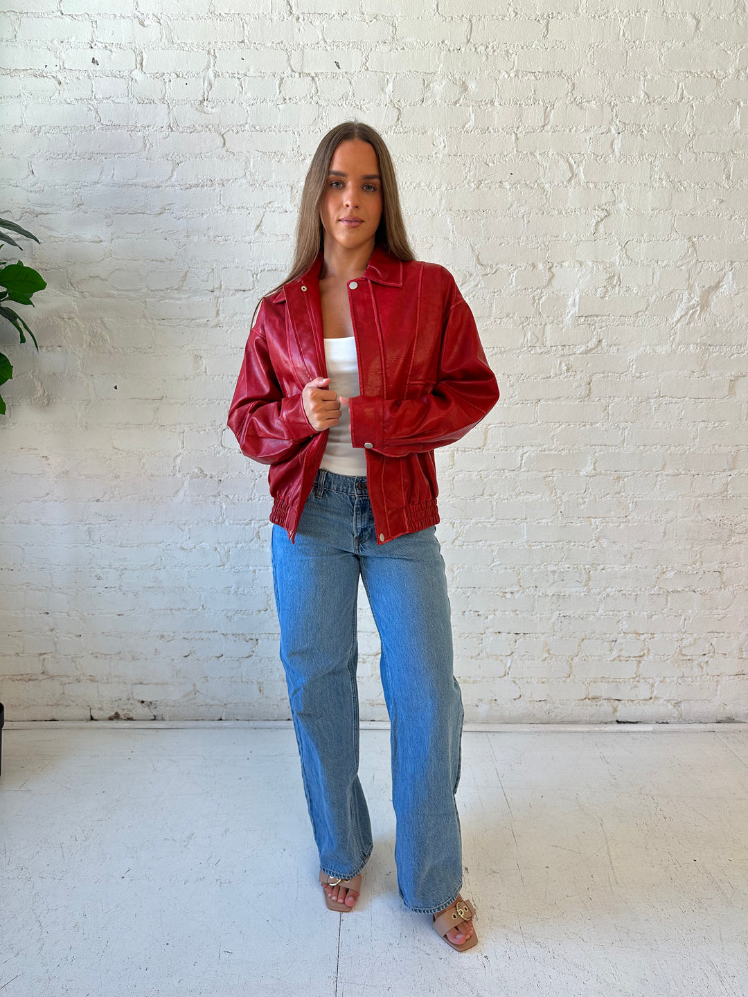 Britt Red Leather Bomber Jacket