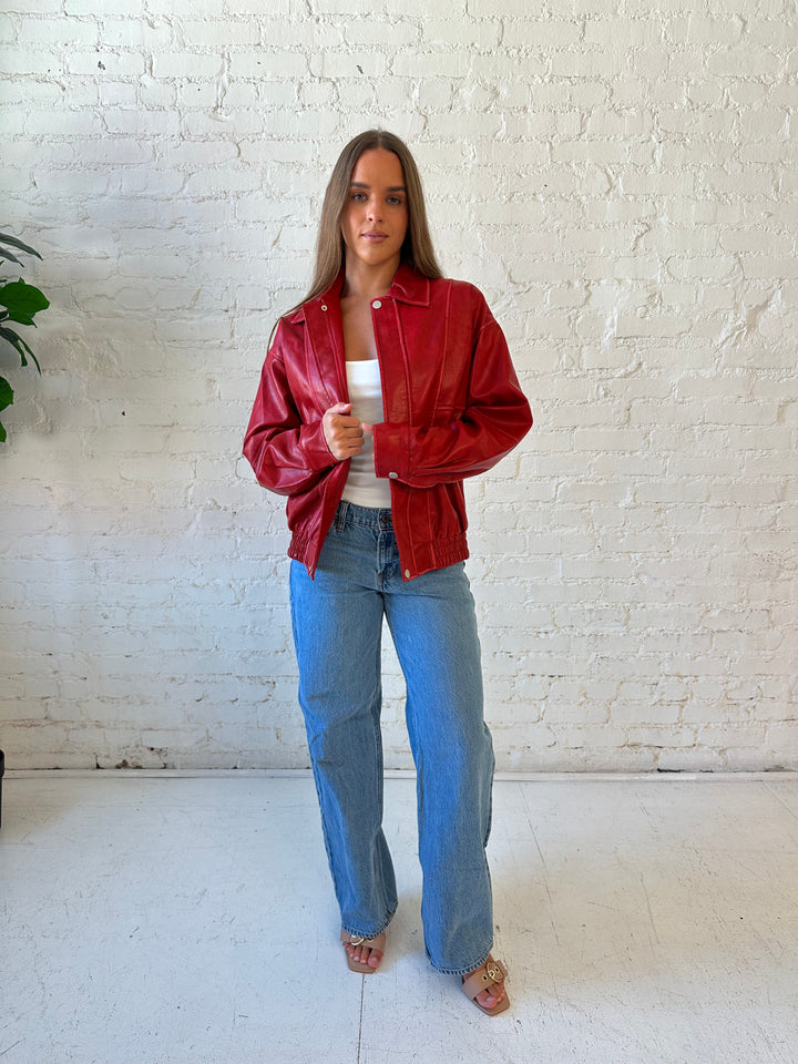 Britt Red Leather Bomber Jacket