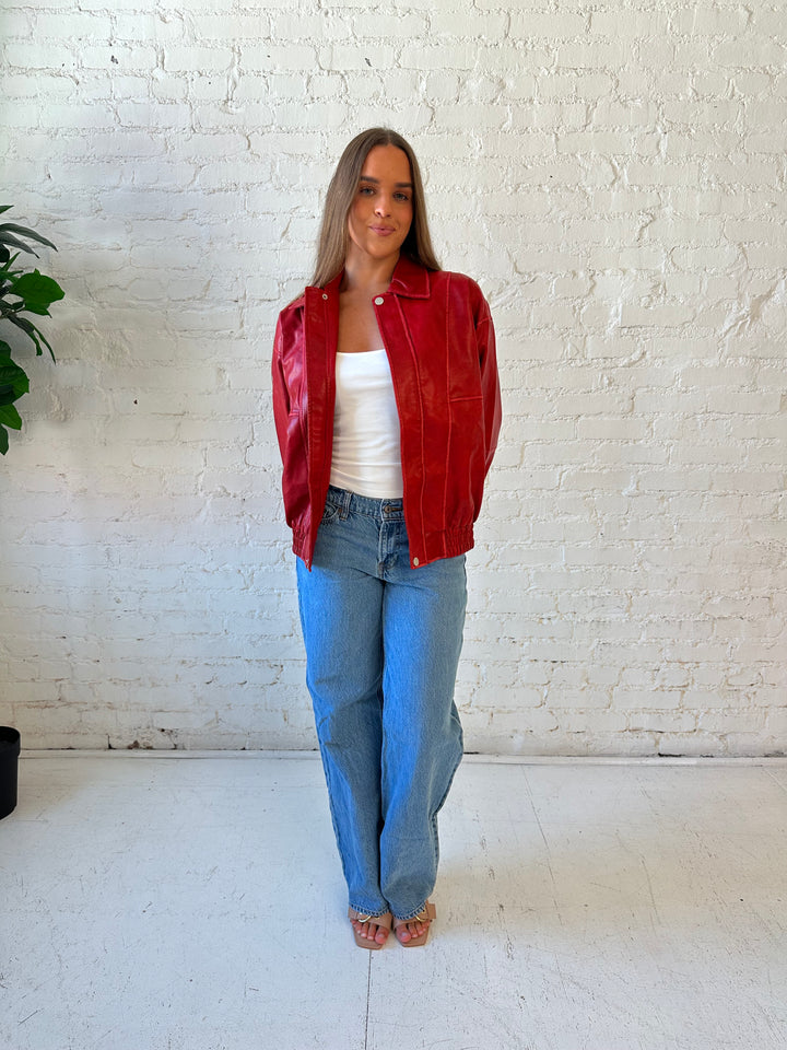 Britt Red Leather Bomber Jacket