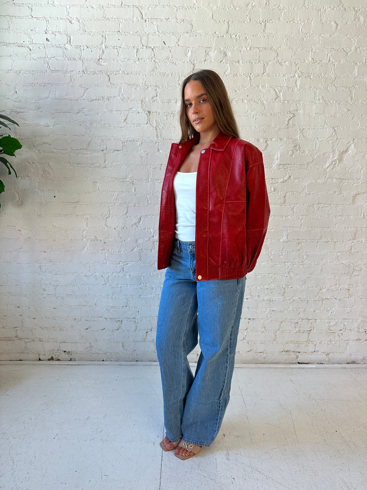 Britt Red Leather Bomber Jacket